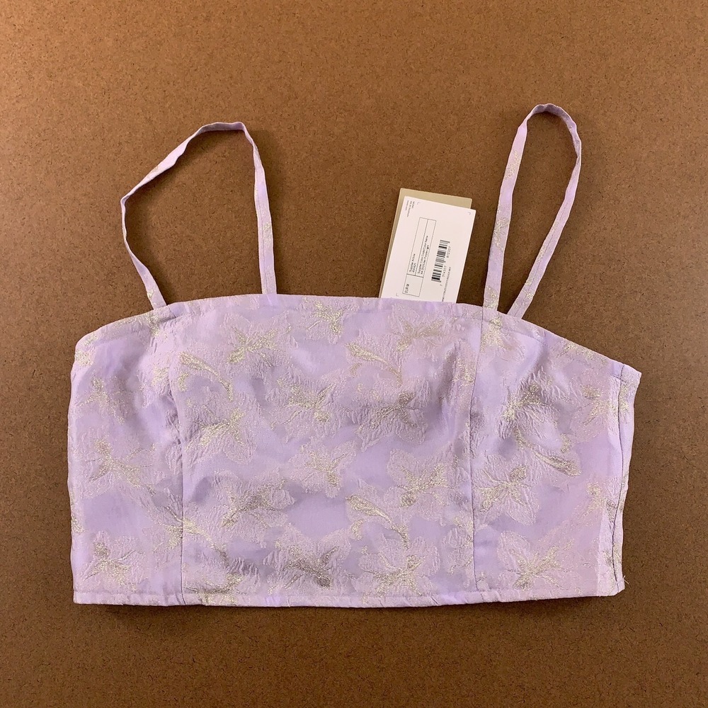 Monki Womens Size Medium Lilac Shimmer Floral Sleeveless Smocked Crop Top NWT